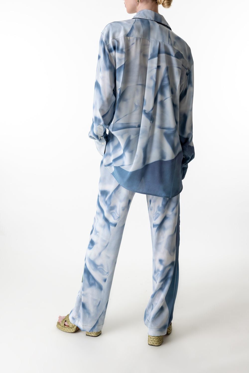 LONG SLEEVE FLOWER PYJAMA SHIRT-ICE BLUE SATIN FLOWERS-0-CLOTHINGTOPBLOUSE-VICTORIA BECKHAM
