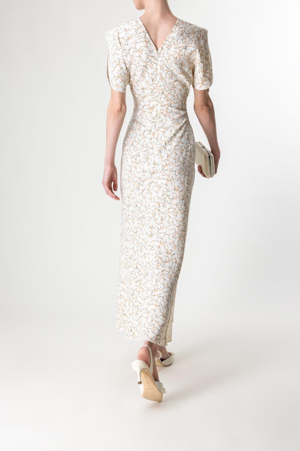 Gathered Waist Midi Dress - Floral Ovation Peach-FLRLPCH-2-CLOTHINGDRESSCASUAL-VICTORIA BECKHAM