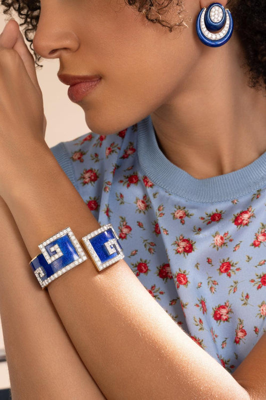 Diamond Royal Blue Scroll Cuff Bracelet-YELLOW GOLD-JEWELRYFINE JEWELBRACELET O-DAVID WEBB