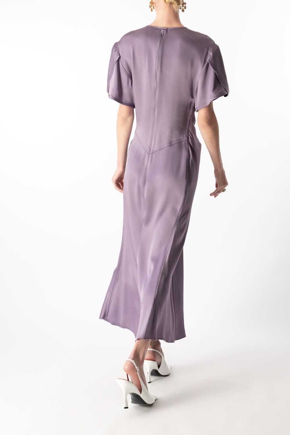 Gathered V-Neck Midi Dress - Iris-IRIS-0-CLOTHINGDRESSCASUAL-VICTORIA BECKHAM