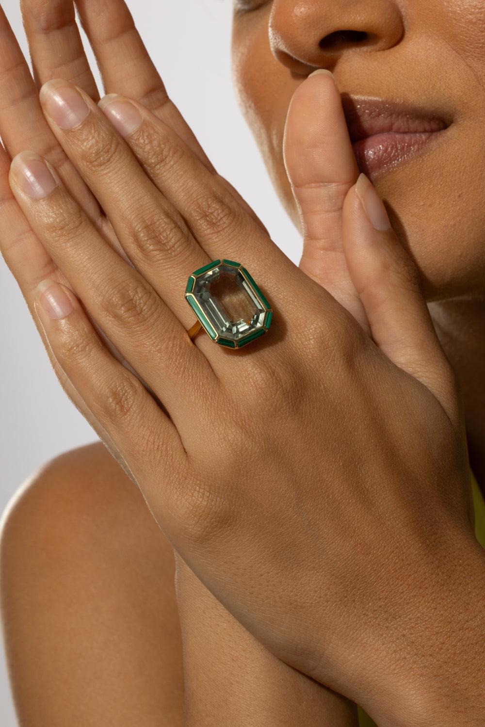 Malachite Prasiolite Melange Ring-YELLOW GOLD-7-JEWELRYFINE JEWELRING-GOSHWARA