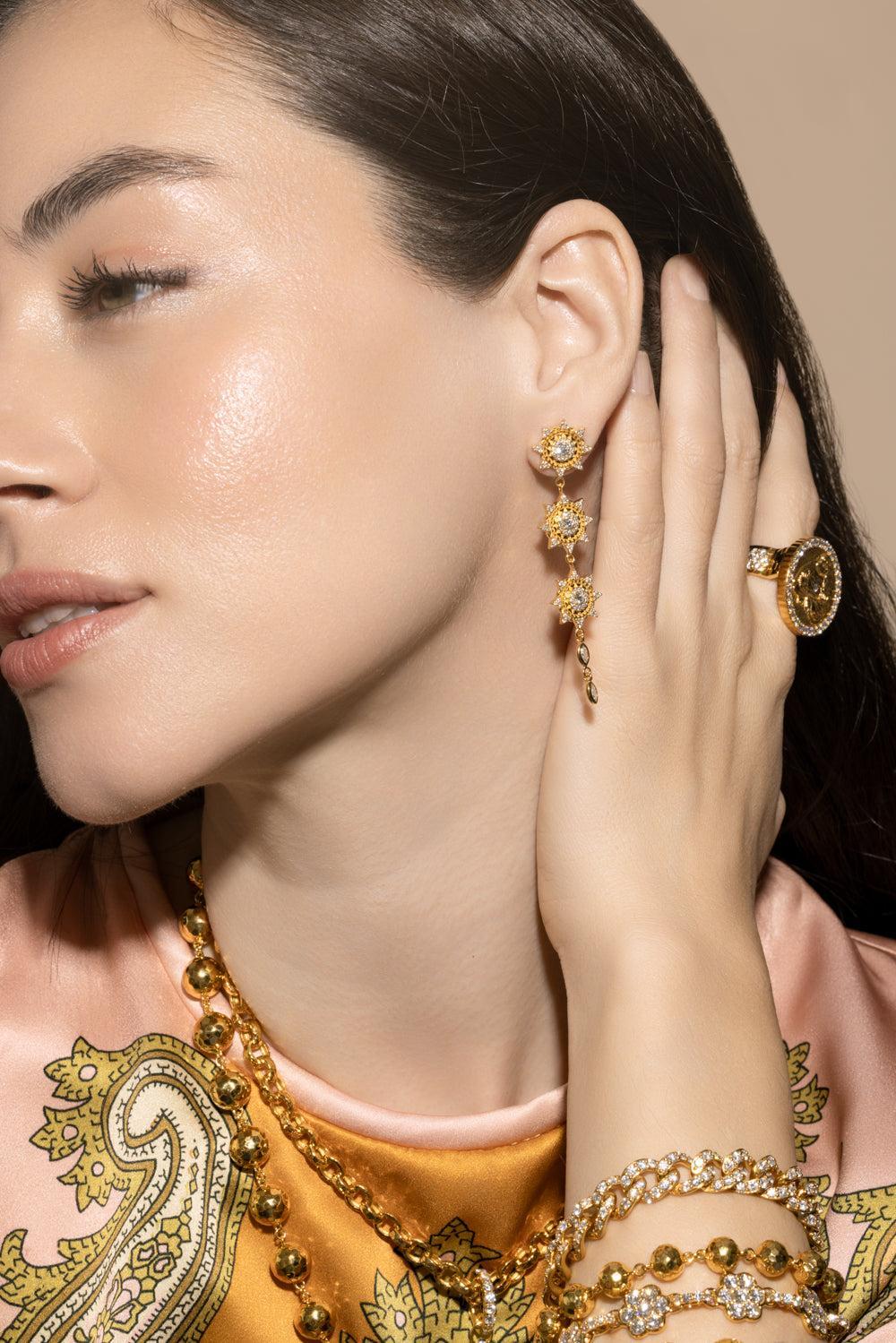 Diamond Triple Sun Drop Earrings-YELLOW GOLD-JEWELRYFINE JEWELEARRING-BUDDHA MAMA