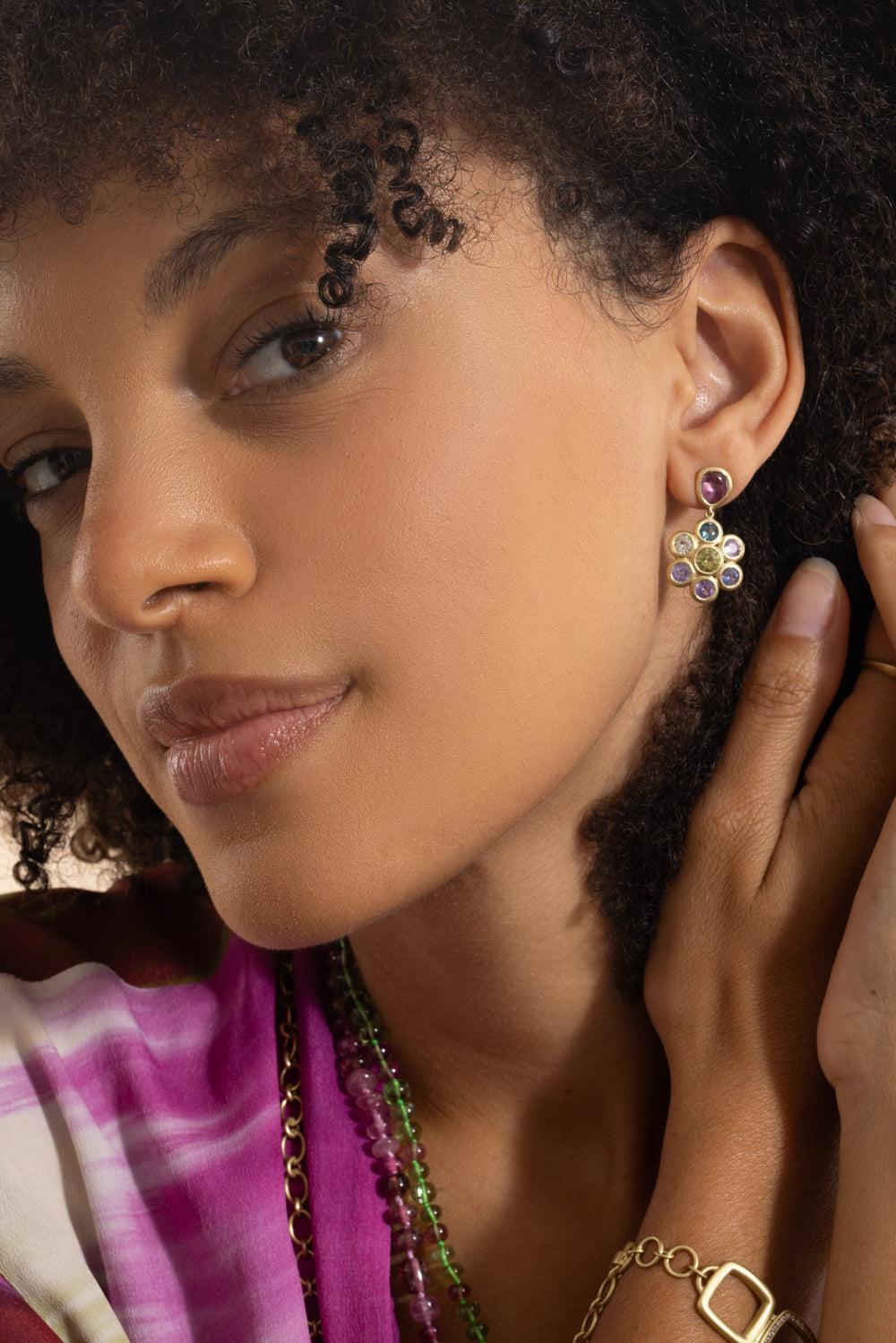 Multi Sapphire Flower Earrings-YELLOW GOLD-JEWELRYFINE JEWELEARRING-LEIGH MAXWELL