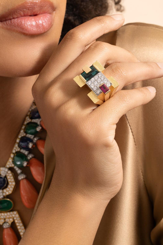 Green Tourmaline Step Cut Cubist Scaffold Ring-YELLOW GOLD-6-JEWELRYFINE JEWELRING-DAVID WEBB