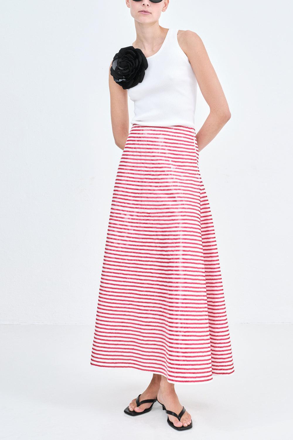 Caswell Skirt - Red Stripe-IVOR/RED-36-CLOTHINGSKIRTMIDI-BERNADETTE