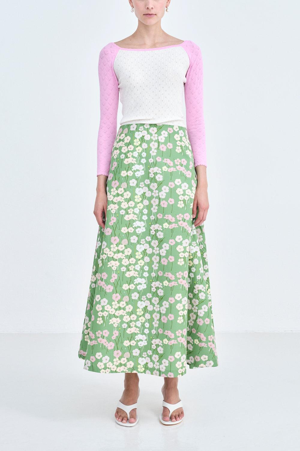 Caswell Skirt - Buttercups Meadow Green-MDWGREEN-34-CLOTHINGSKIRTMIDI-BERNADETTE
