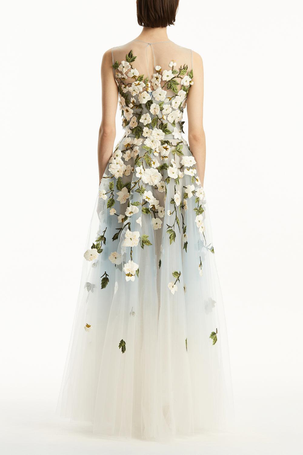 Sleeveless Cherry Blossom Illusion Gown-BLUE/WHT-12-CLOTHINGDRESSGOWN-OSCAR DE LA RENTA
