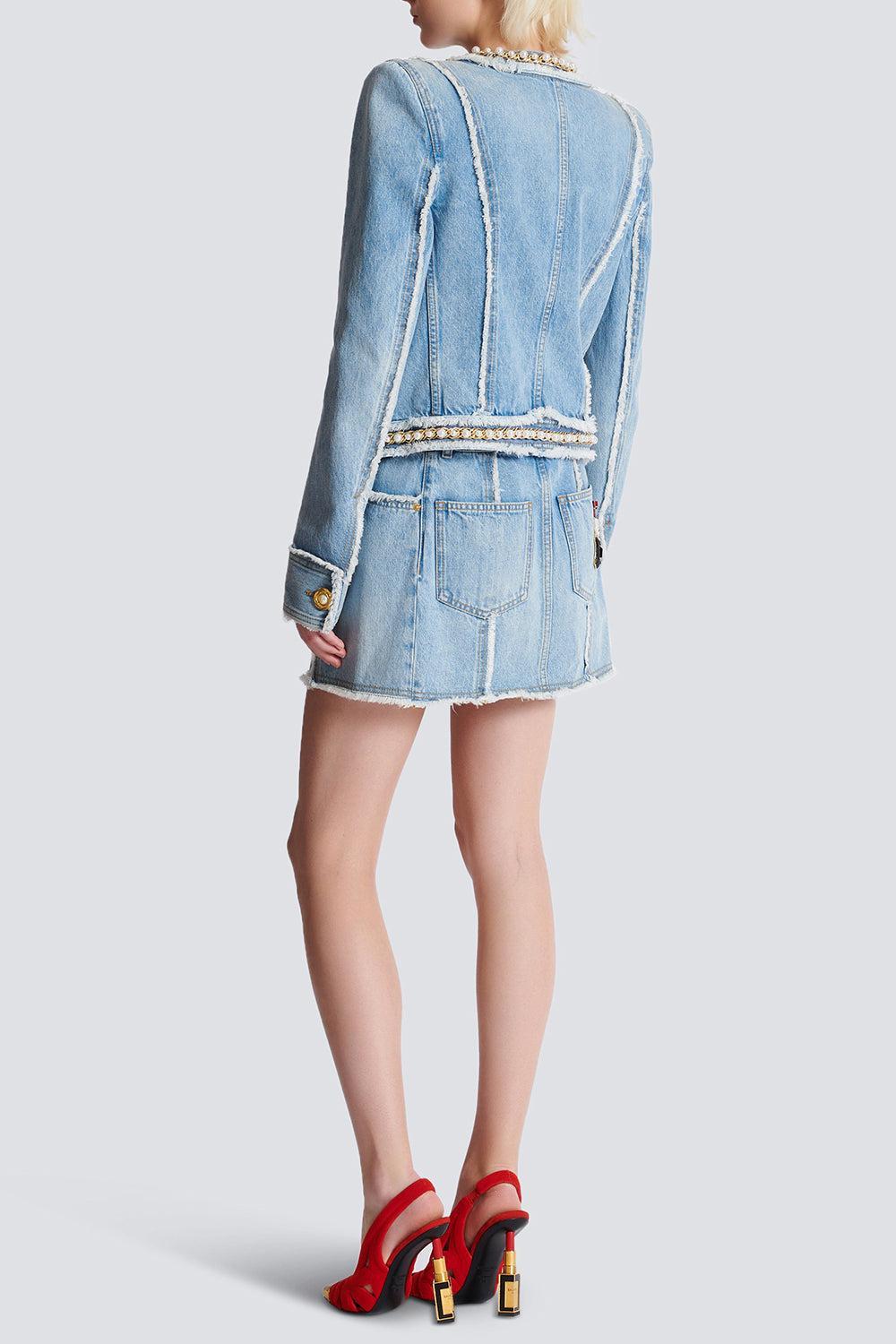 Raw Edge Denim Jacket-BLEUJNBL-34-CLOTHINGJACKETDENIM-BALMAIN