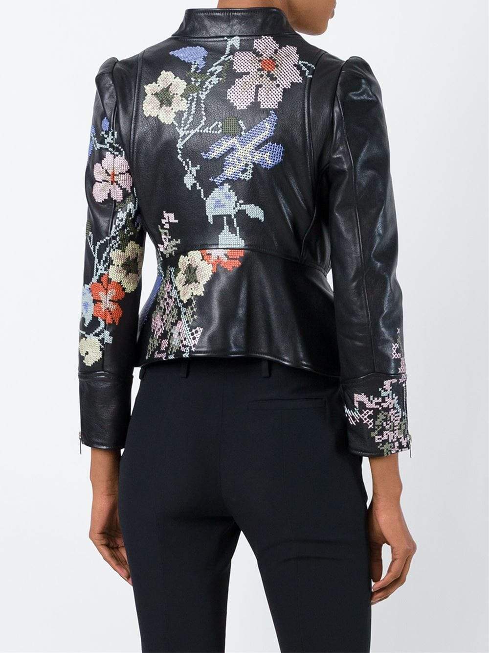 ALEXANDER MCQUEEN-Cross-Stitch Peplum Leather Jacket-