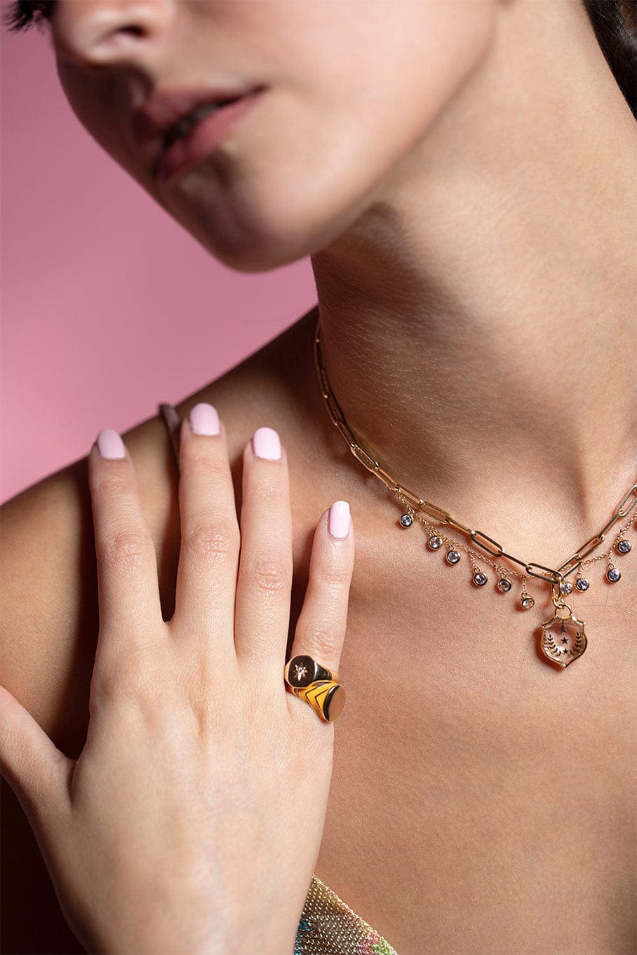 ALISON LOU-Neon Orange Striped Signet Ring-YELLOW GOLD