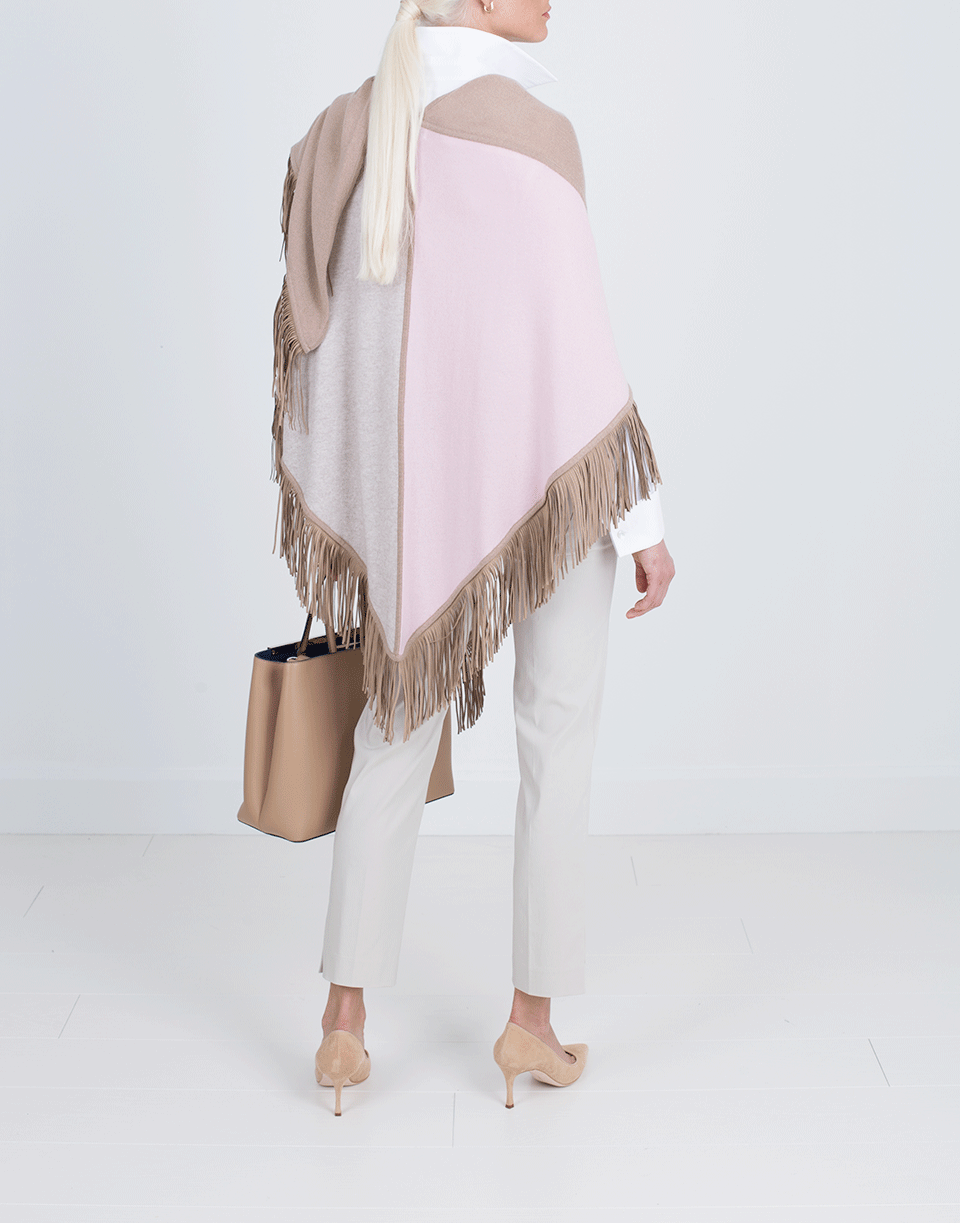 ALLUDE-Color Block Fringe Poncho-PNK/BGE