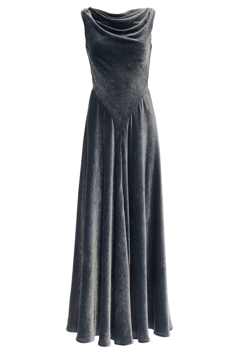 grey velvet dress Drina Maxi bottom hem Size:X-Large (14+) seg-b Golden Bridal beaded Chinese