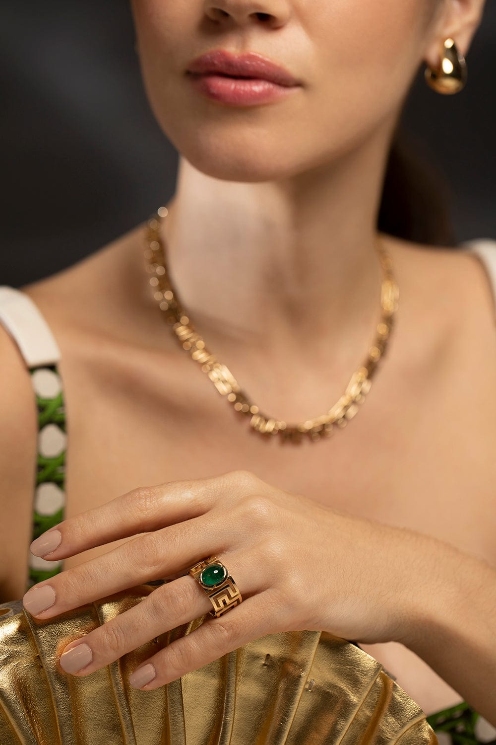 AZLEE-Greek Pattern Emerald Ring-YELLOW GOLD