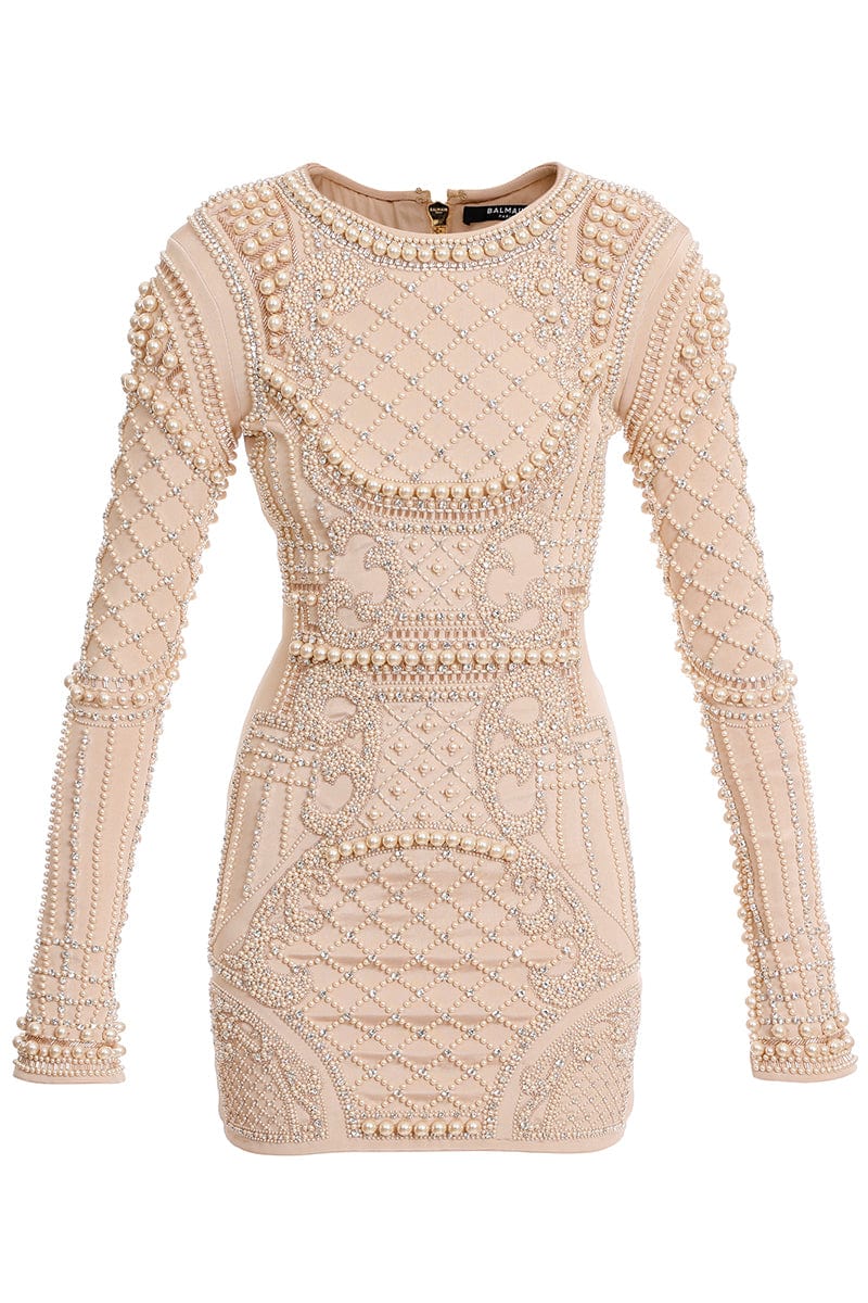 BALMAIN-Long Sleeve Revival Embroidered Short Dress-NUDE CLAIR