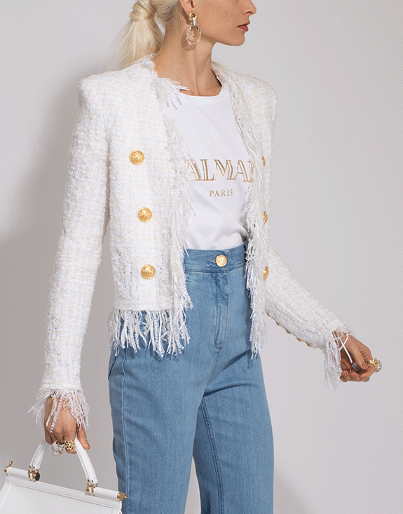 BALMAIN-White Collarless Fringe Tweed Jacket-