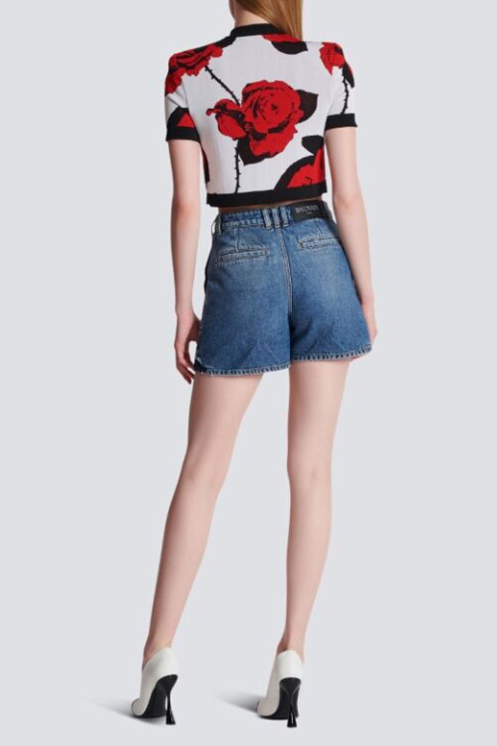 BALMAIN-Cropped Floral Cardigan-