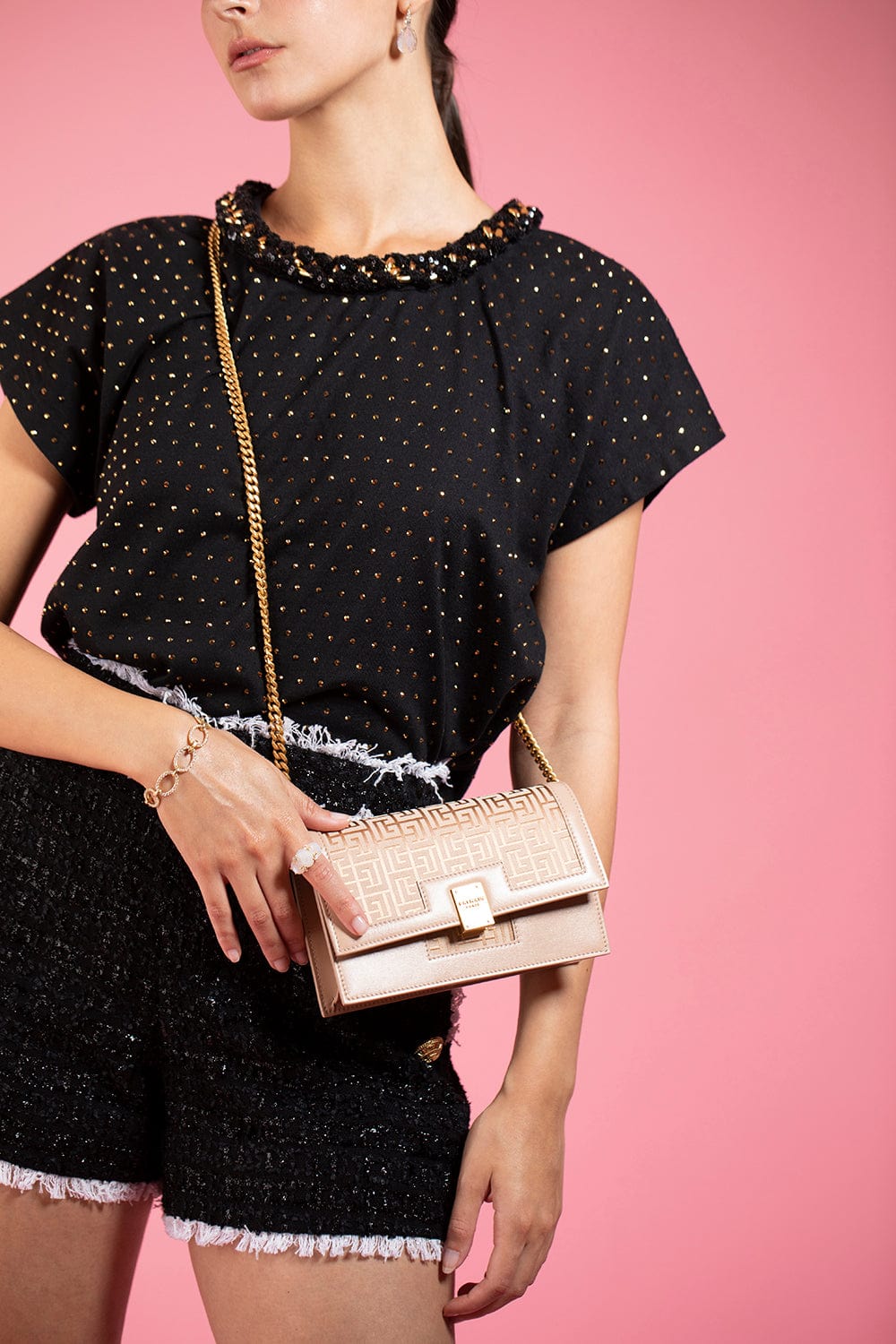 BALMAIN-Chain Collar Studs Cropped T Shirt-