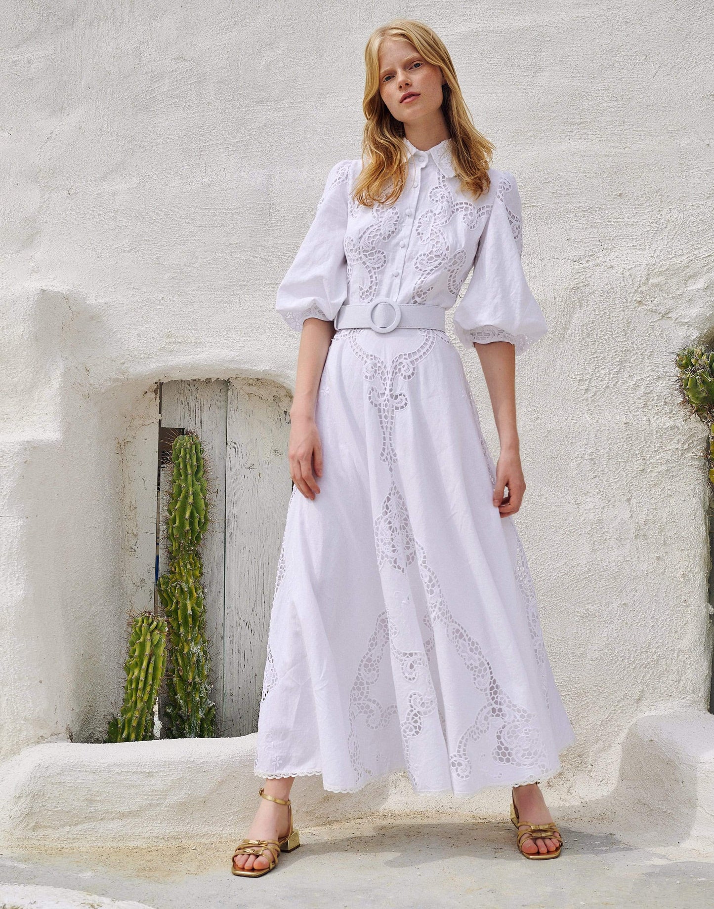 COSTARELLOS-Pavlina Linen Puff Sleeve Shirtdress-