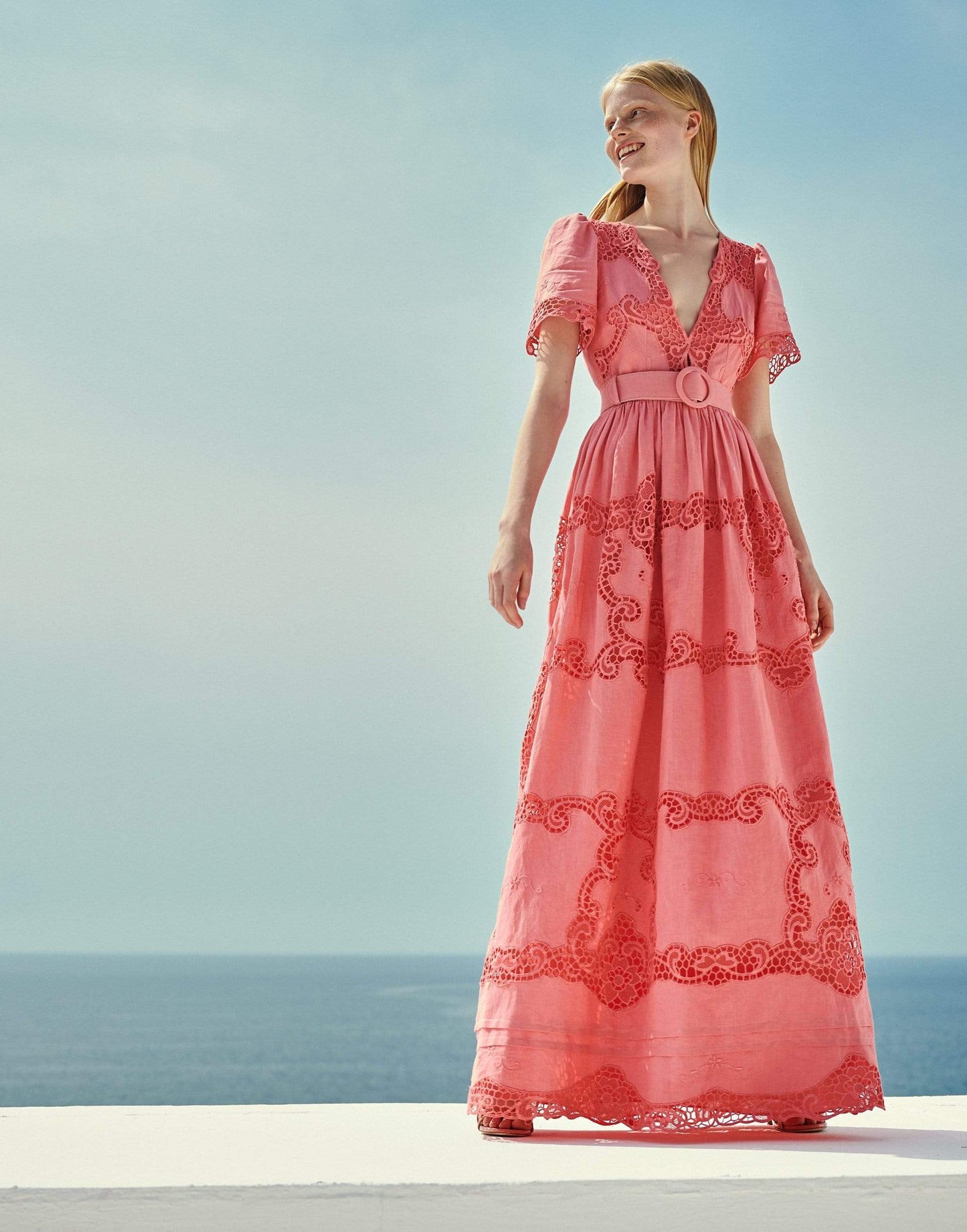 COSTARELLOS-Loanna Linen Plunging-Neckline Gown-