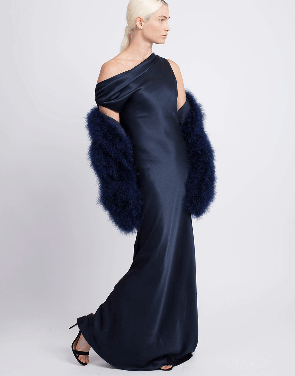CUSHNIE-Off Shoulder Draped Gown-NAVY