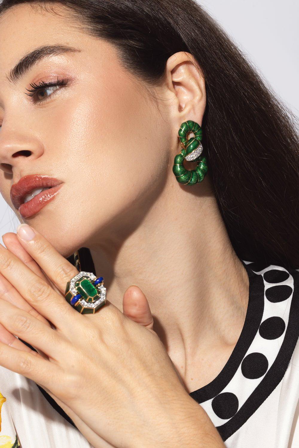 DAVID WEBB-Green Enamel Fancy Hoop Earrings-YELLOW GOLD