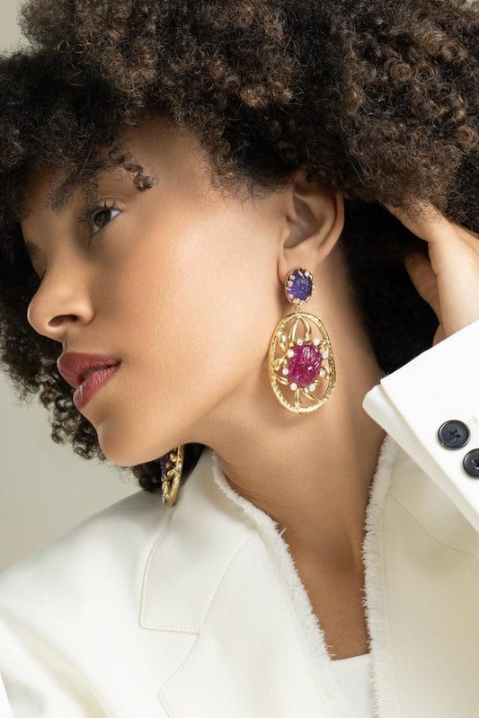 Rubellite Amethyst Earrings-YELLOW GOLD-JEWELRYFINE JEWELEARRING-DAVID WEBB