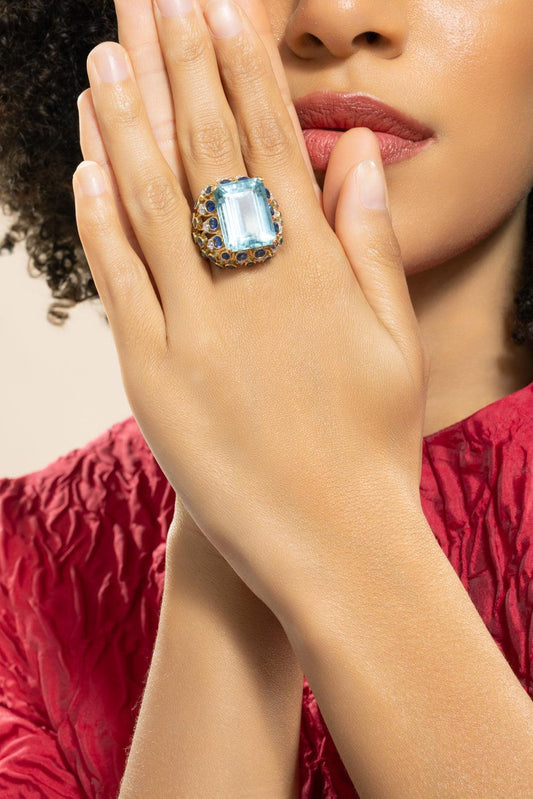 Aquamarine Sapphire Step Cut Tiered Ring-YELLOW GOLD-6-JEWELRYFINE JEWELRING-DAVID WEBB