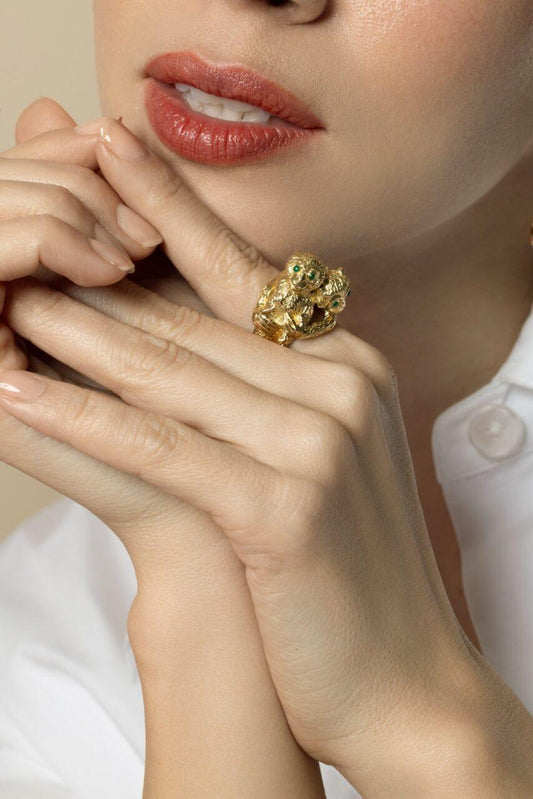 Emerald Hugging Mokeys Ring-YELLOW GOLD-JEWELRYFINE JEWELRING-DAVID WEBB