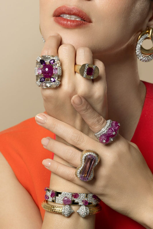 Ruby Amethyst Cascade Couture Ring-YELLOW GOLD-JEWELRYFINE JEWELRING-DAVID WEBB