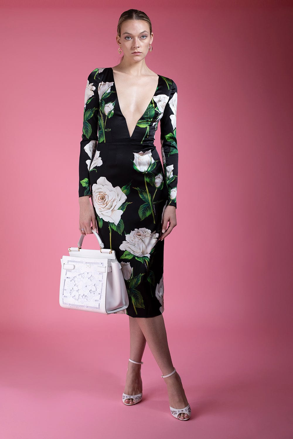 DOLCE & GABBANA-Long Sleeve Deep V Neck Dress-