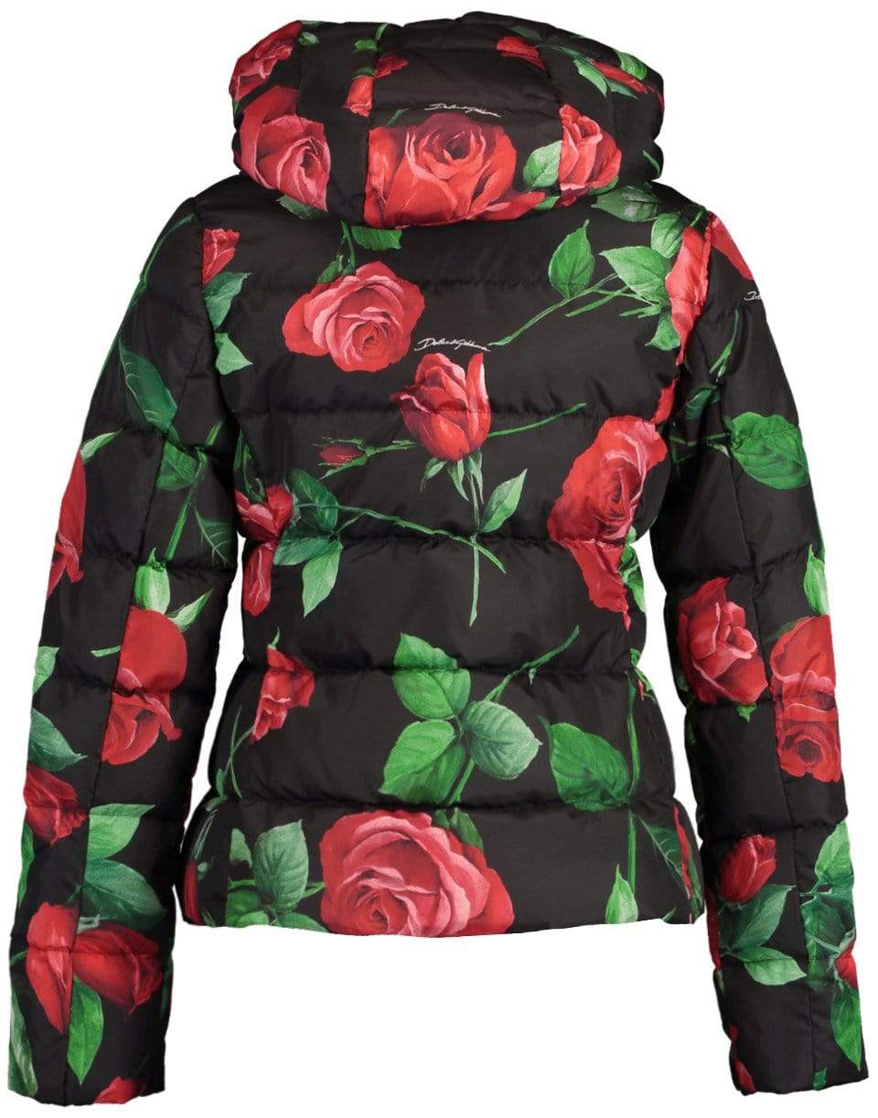 DOLCE & GABBANA-Rose Print Fitted Down Jacket with Hood-
