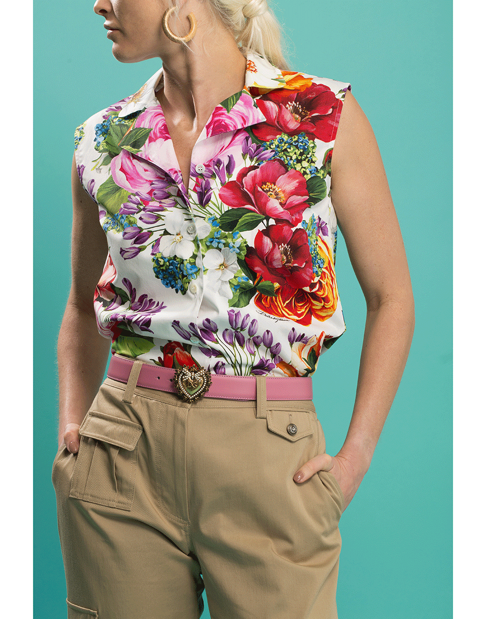 DOLCE & GABBANA-White Mix Floral Sleeveless Blouse-