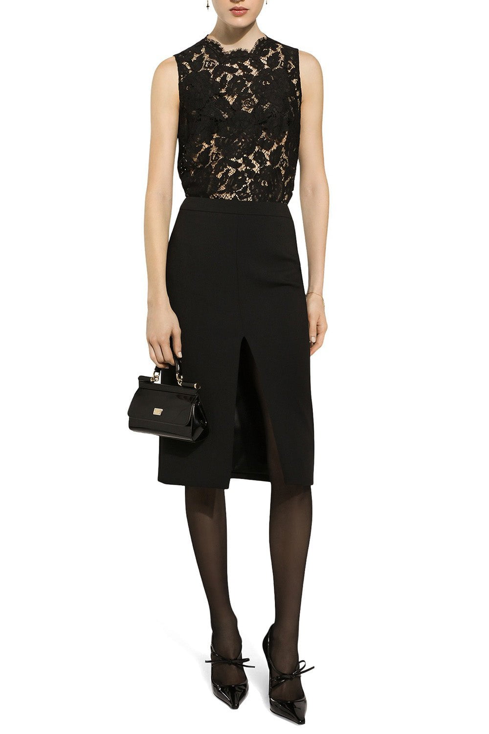 DOLCE & GABBANA-Branded Floral Lace Top - Black-