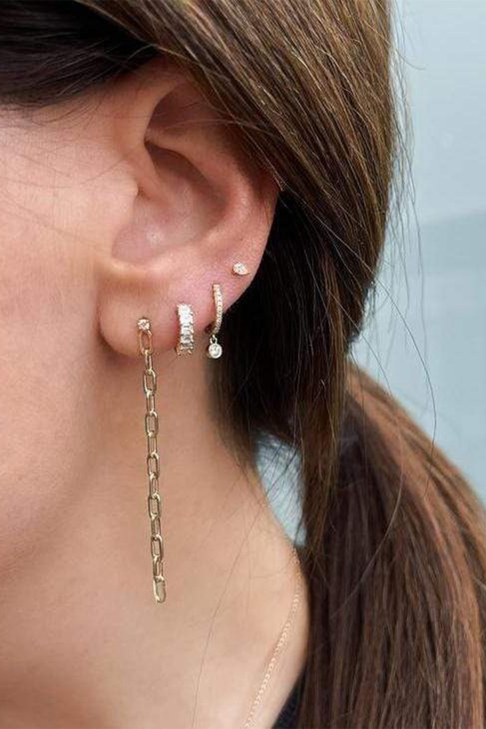 EF COLLECTION-Diamond Bezel Drop Mini Huggie Earrings-WHITE GOLD