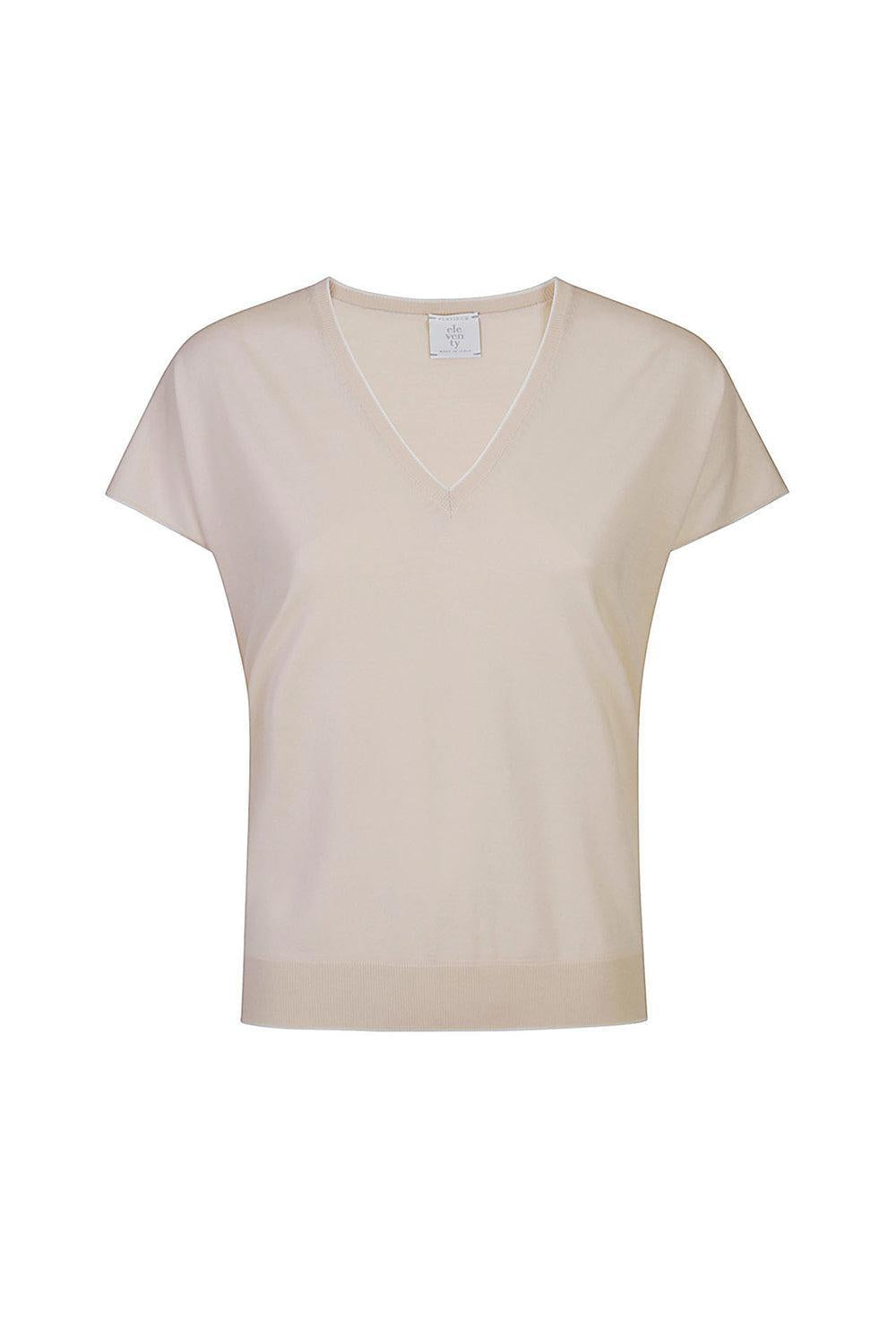 V-Neck Contrast Top-NUDE/WHT-XS-CLOTHINGTOPKNITS-ELEVENTY
