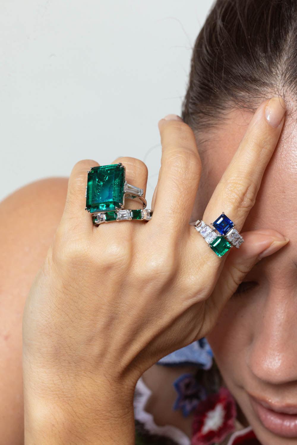 FANTASIA by DESERIO-Green Cz Baguette Ring-WHITE GOLD