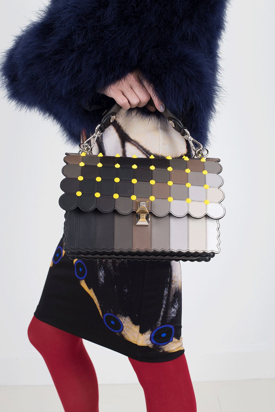 FENDI-Kan I Intarsia Stud Bag-BRWN/BLK