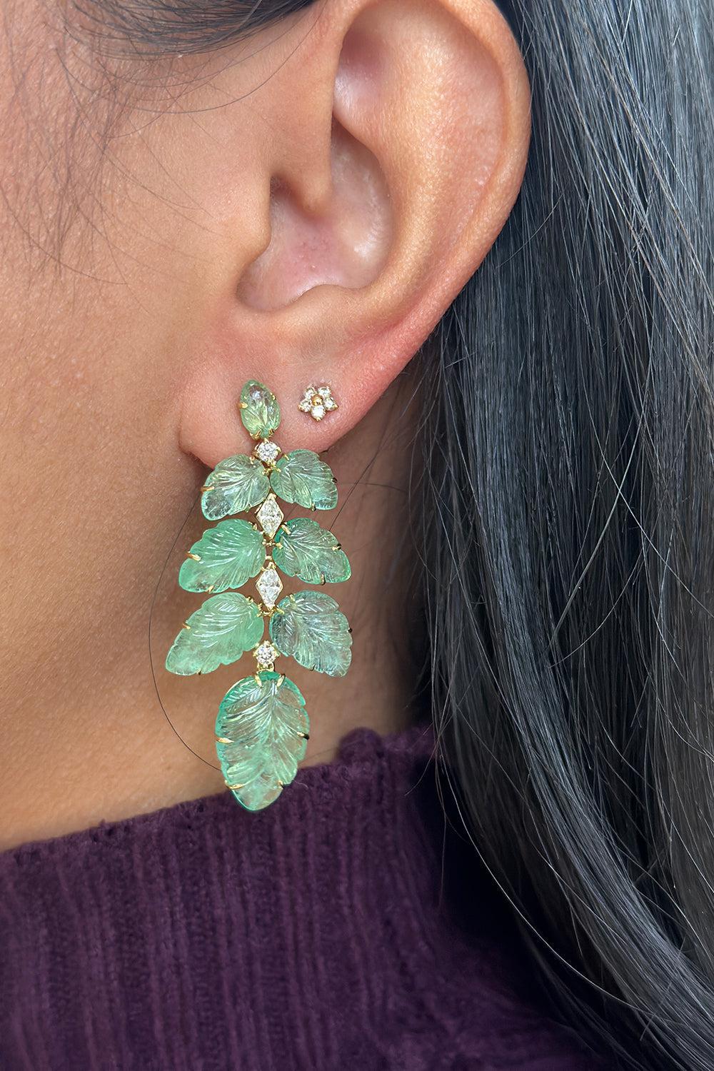 Diamond Carved Emerald Leaf Earrings-YELLOW GOLD-JEWELRYFINE JEWELEARRING-GOSHWARA