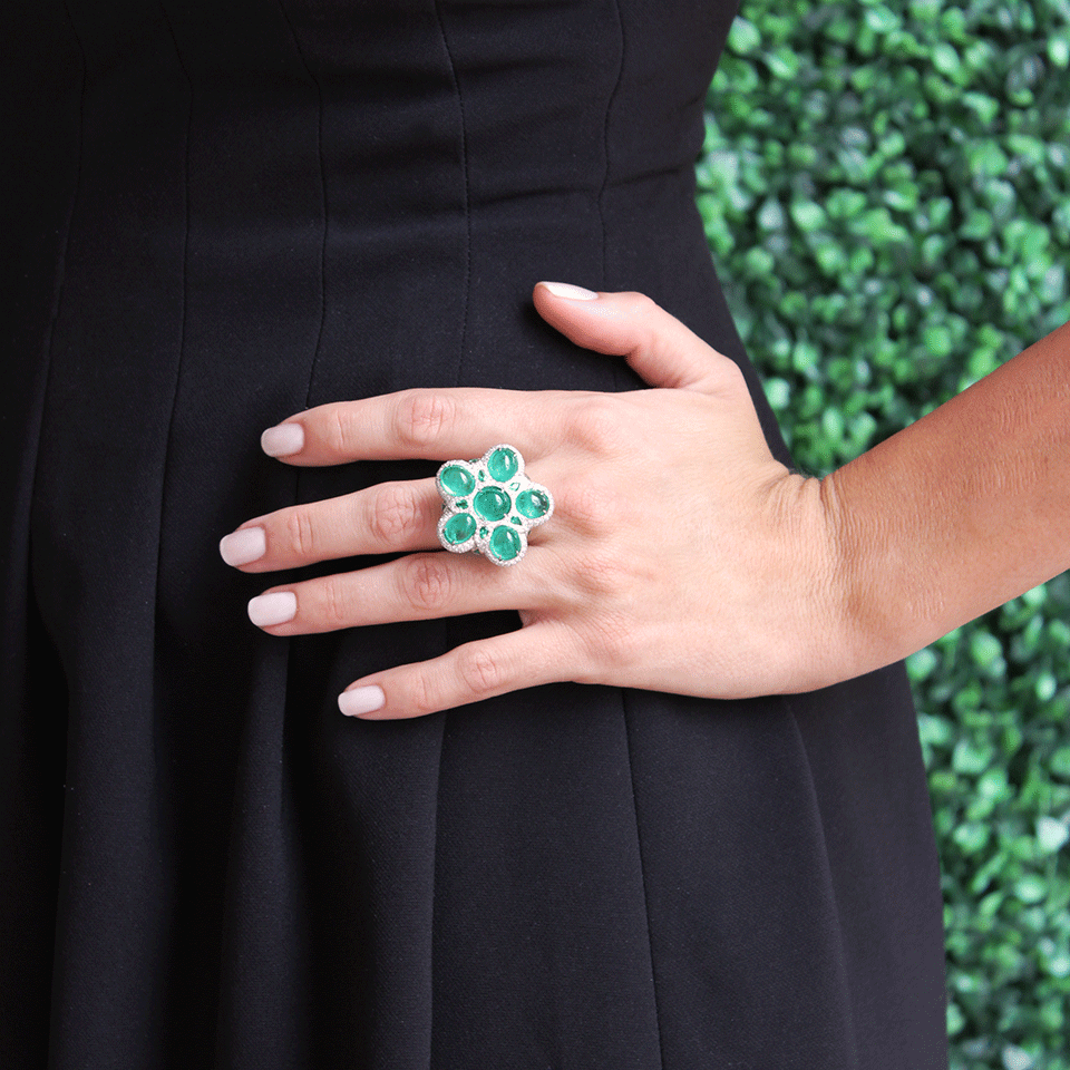 INBAR-Emerald Flower Ring-WHITE GOLD