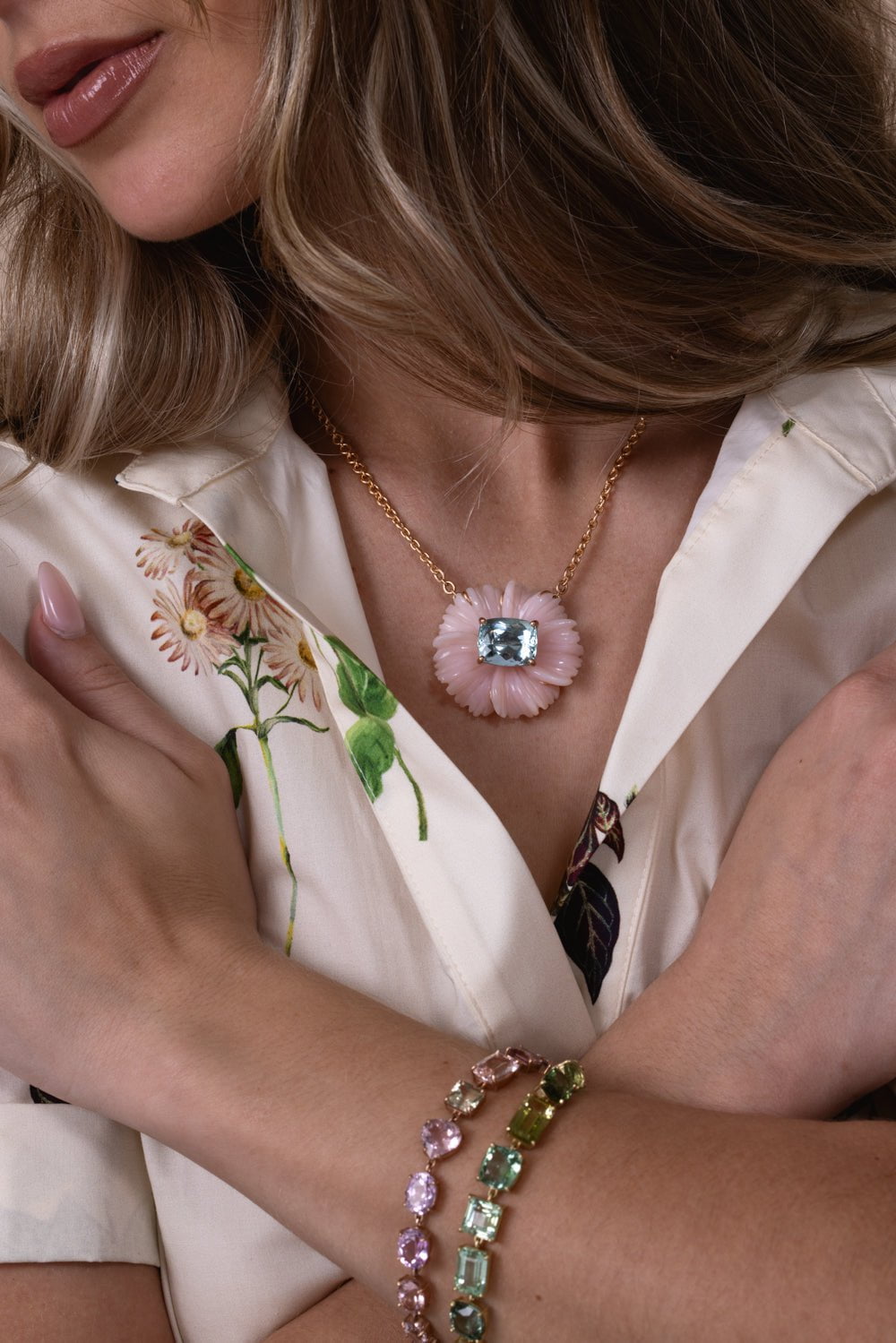 IRENE NEUWIRTH JEWELRY-Tropical Flower Pink Opal Aquamarine Necklace-ROSE GOLD