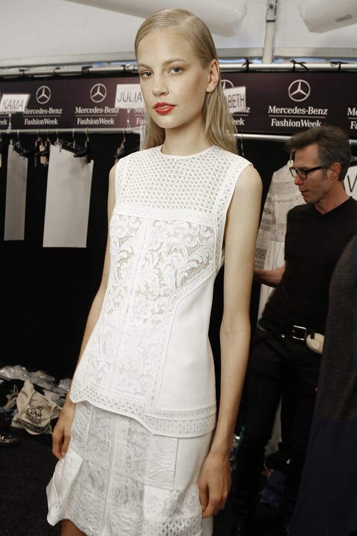 J MENDEL-Mixed Lace Silk Top-