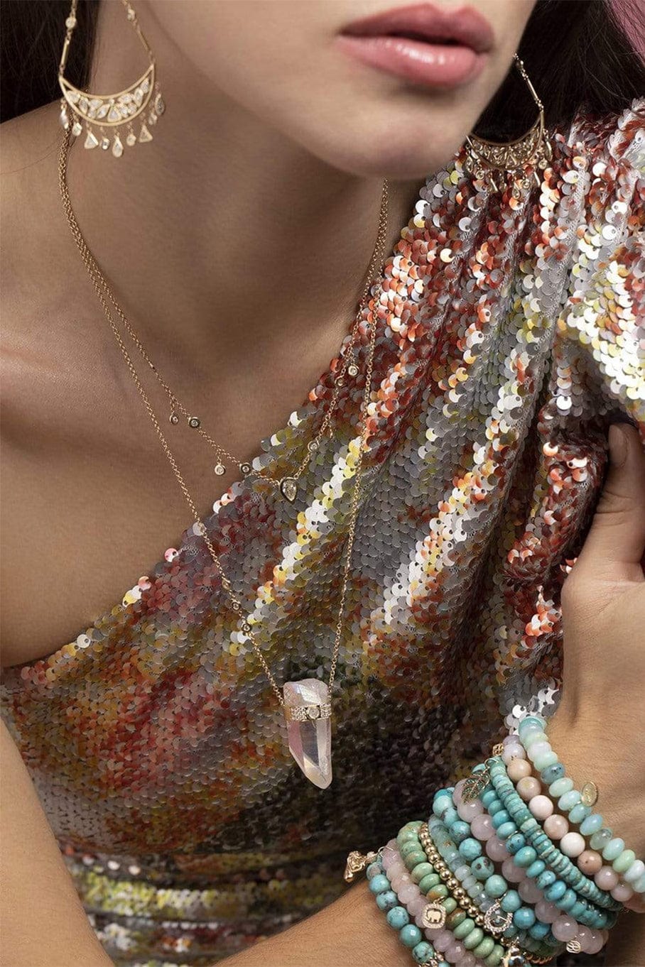 JACQUIE AICHE-Rainbow Aura Quartz Necklace-YELLOW GOLD