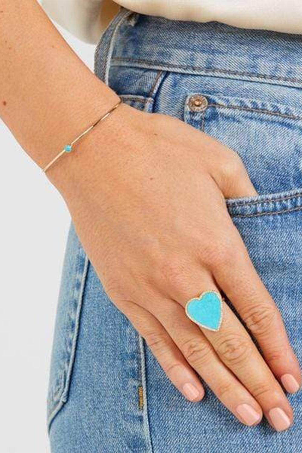 JENNIFER MEYER-Turquoise and Diamond Inlay Heart Ring-YELLOW GOLD