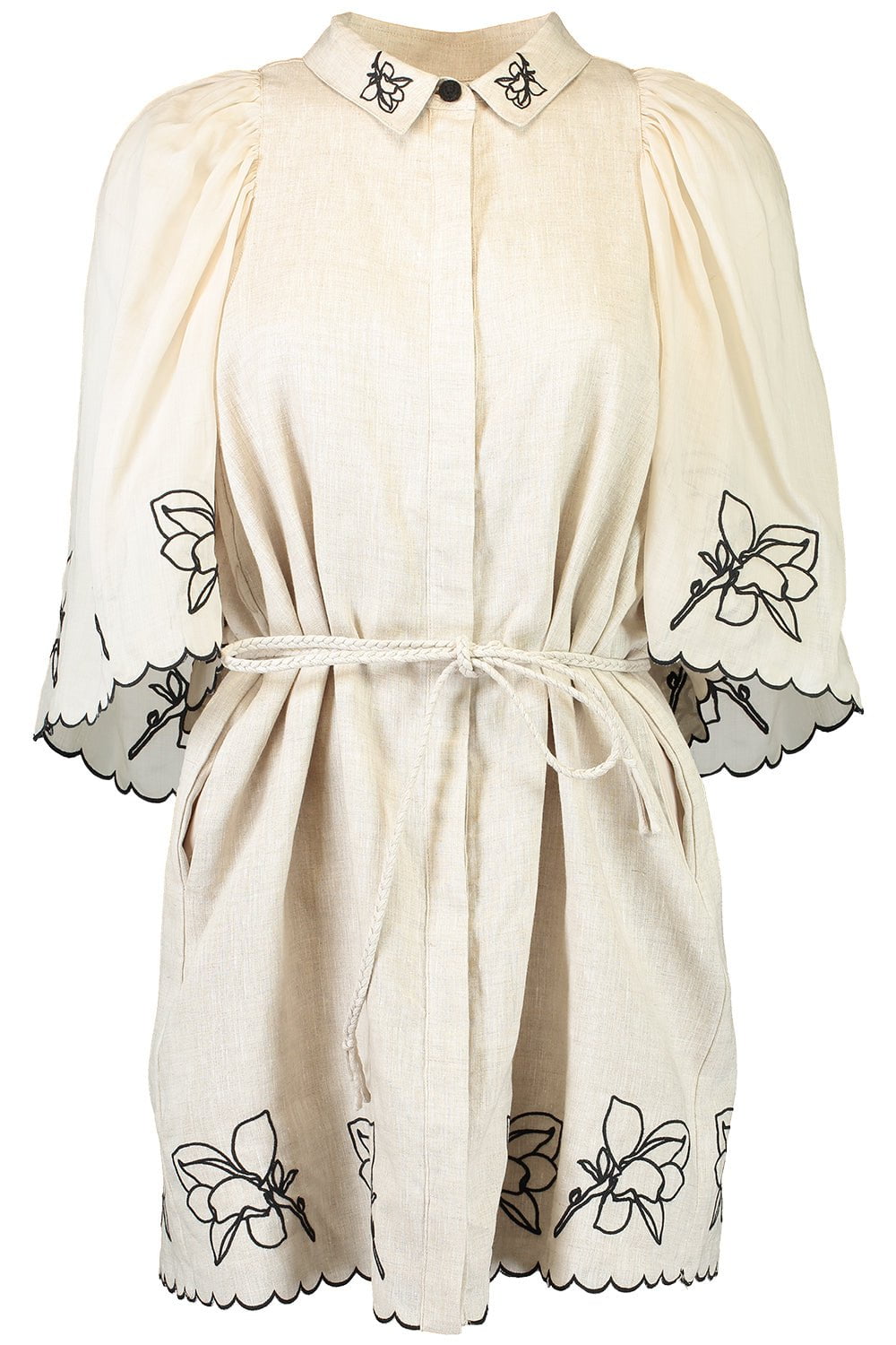 Flax Black Hattie Linen Embroidered Mini Smocked Shirt Dress
