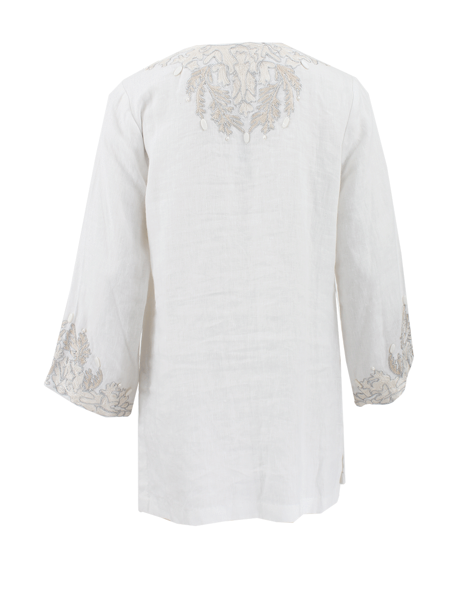 KATHY COMELLI-Embroidered Linen Tunic With Pearls-