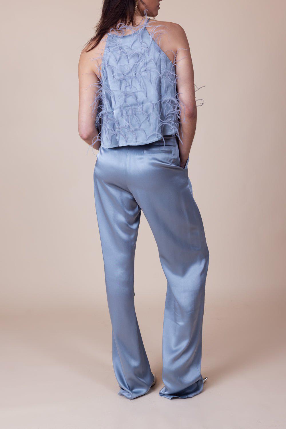 LAPOINTE-Ostrich Embellished Crop Halter Cami-