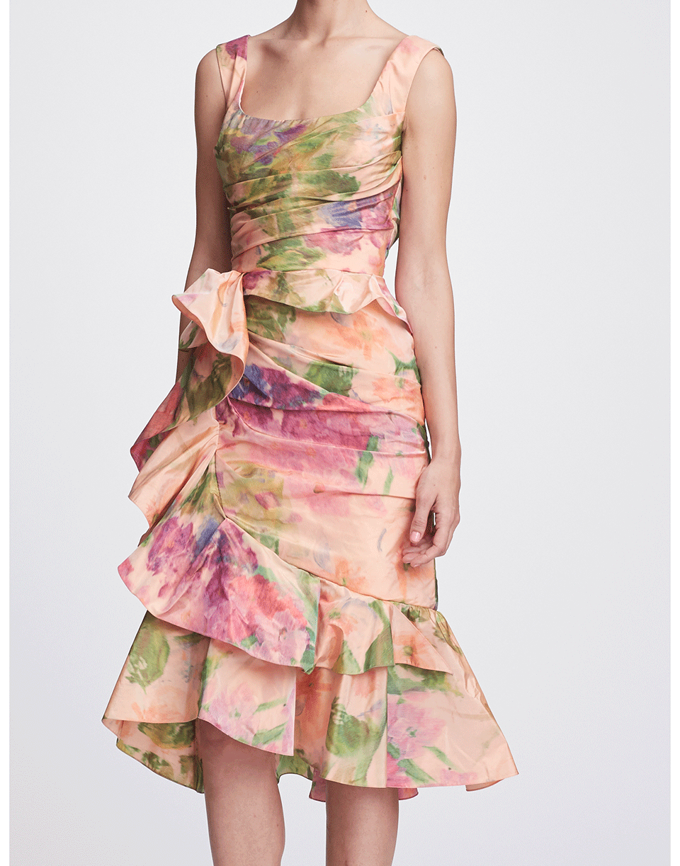 MARCHESA-Peplum Cascade Cocktail Dress-CORAL