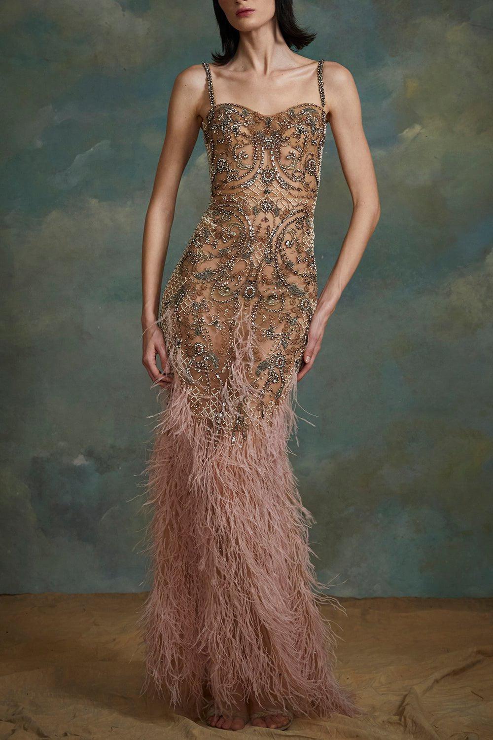 white christmas dresses Corset Crystal Feather Gown