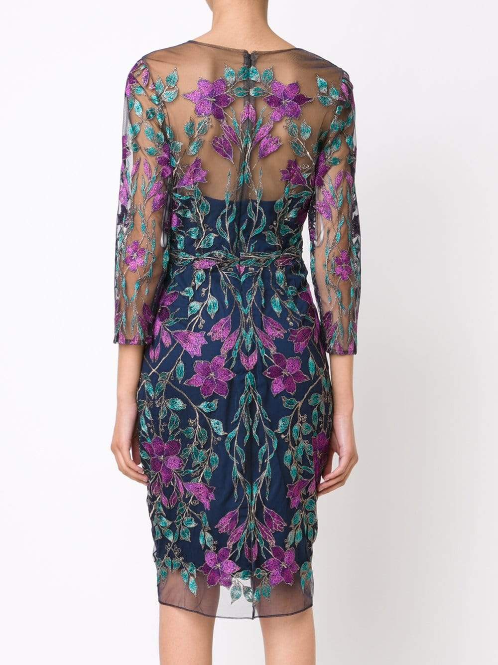 MARCHESA NOTTE-Illusion Floral Cocktail Dress-