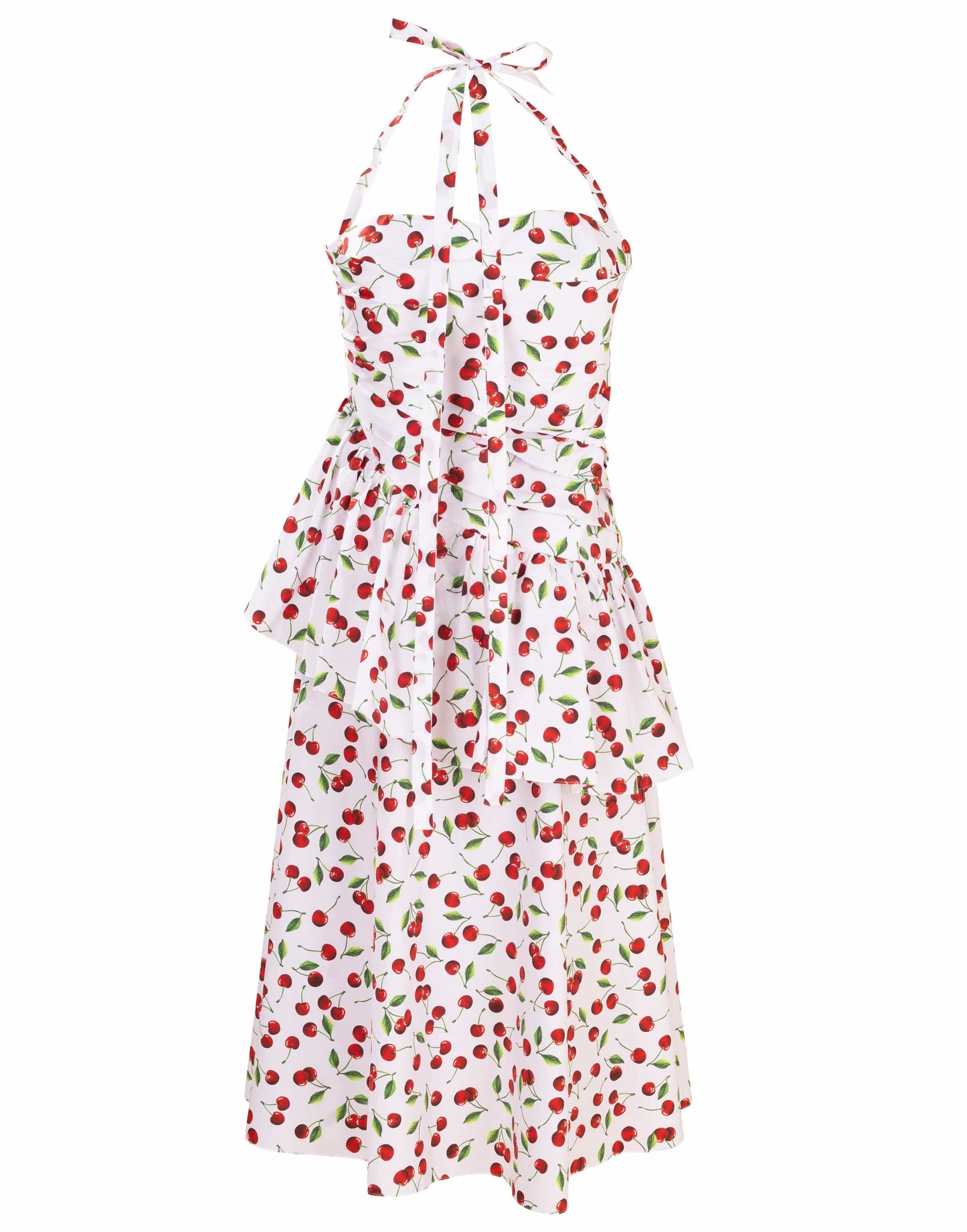 MICHAEL KORS-Cherry Print Ruched Peplum Halter Dress-